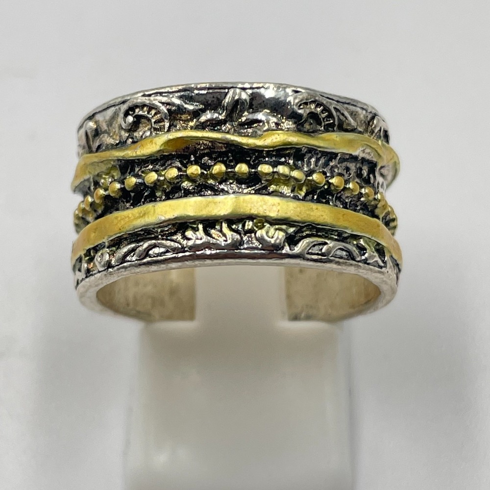 Vintage Boho Two Silver & Gold Tone Mixed Metal Scroll Beaded Band Ring Size 8